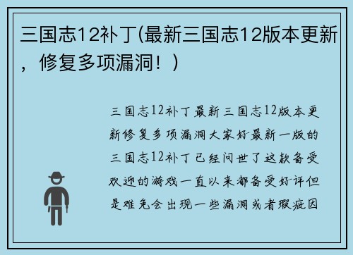 三国志12补丁(最新三国志12版本更新，修复多项漏洞！)